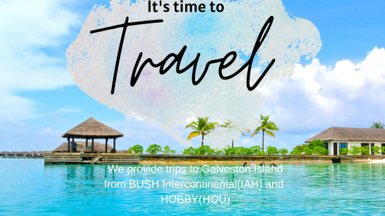 Tropical waterfront resort scene promoting travel to Galveston Island with airport transportation service